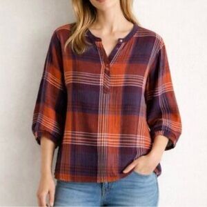 Garnet Hill Plaid Sz 18 Boho Peasant Blouse Organic Cotton 3/4 Dolman Sleeve